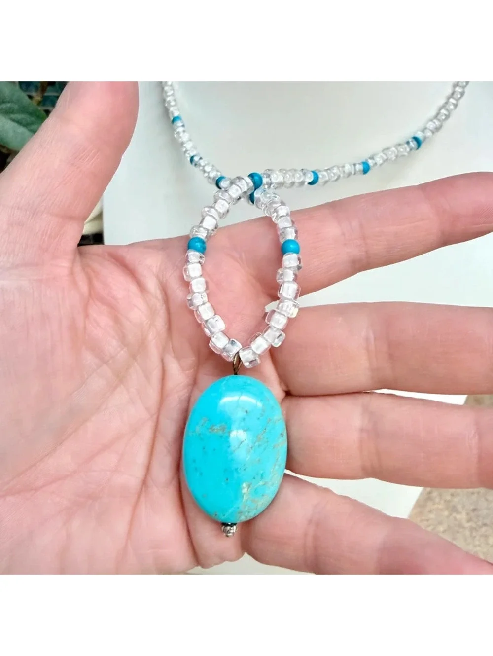Hand Crafted Turquoise Pendant Beaded Necklace Boho Beachy